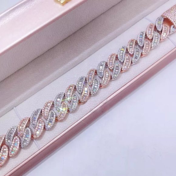 Iced Out Two-Tone Rosegold VVS Baguette Moissanite diamond Cuban Link Bracelet - Picture 3 of 5